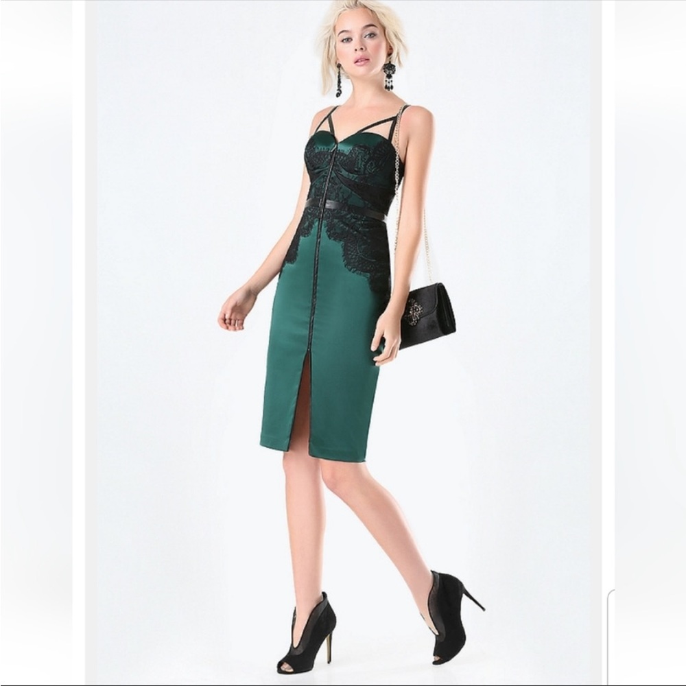 BEBE fitted bustier dress size 8 green black satin lace leather